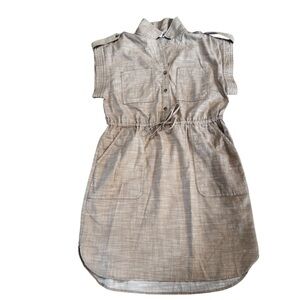 NWOT Time and Tru beige short sleeved midi dress cinch waist pockets, size L.